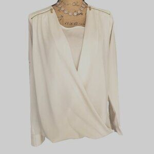 Calvin Klein Womens Blouse M Ivory Drape Front Lng Slv Elegant Hi Low Business